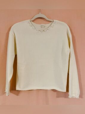 POL Boutique Cream Pearl-Embellished Crewneck Pullover Sweater